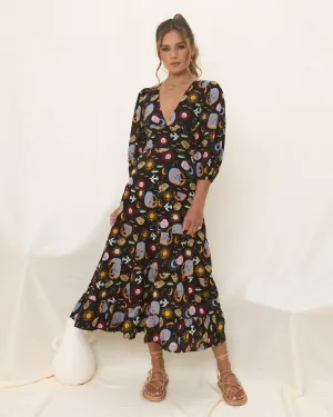 Celestia Black Abstract Sun and Moon Midi Dress