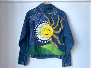 Celestial Hand-Embroidered Mixed-Media Art Jacket. Upcycled Denim. One of a Kind. Keep it Cosmic. Sun & Moon