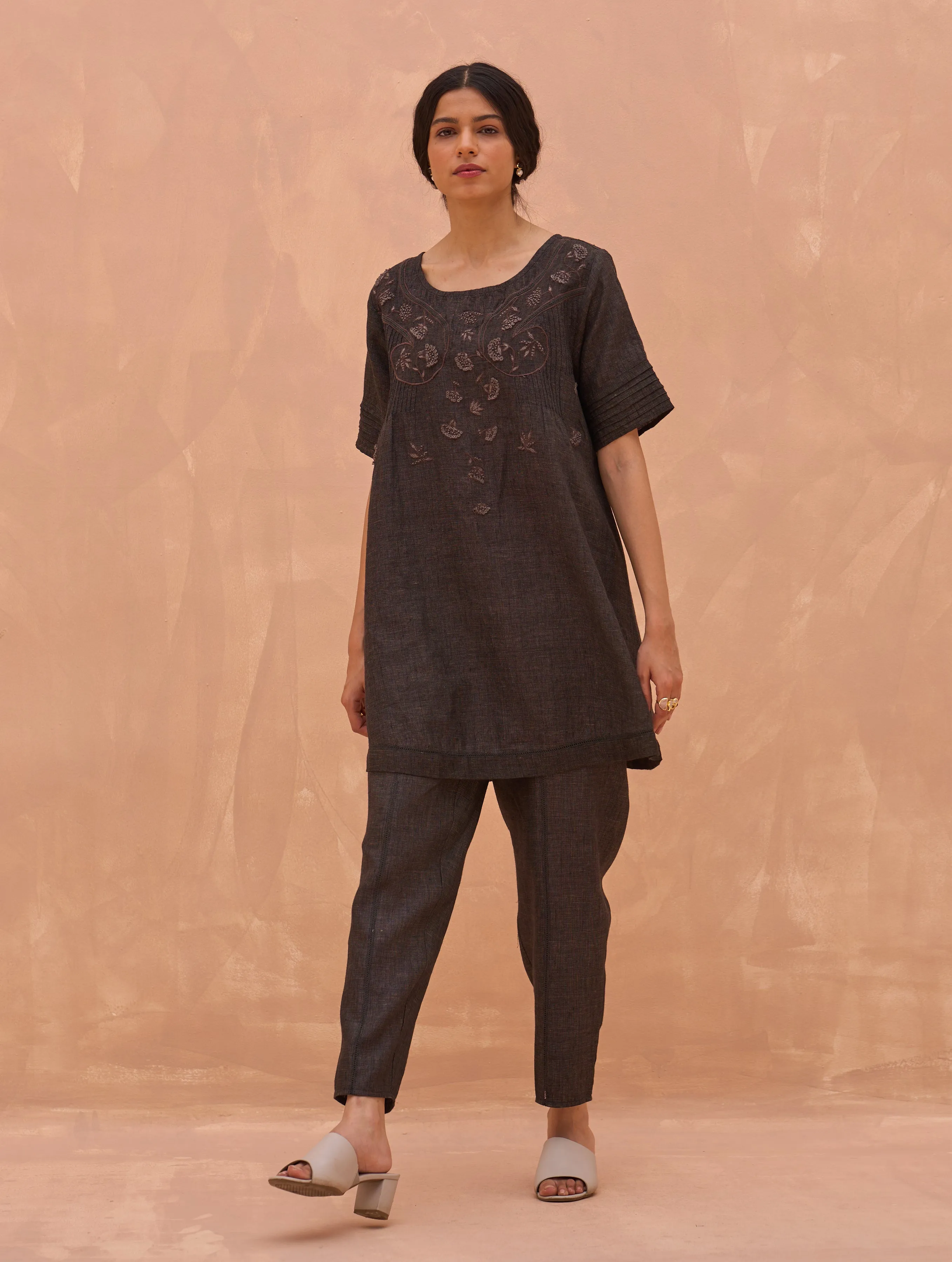 Celia Linen Tunic Top - Charcoal