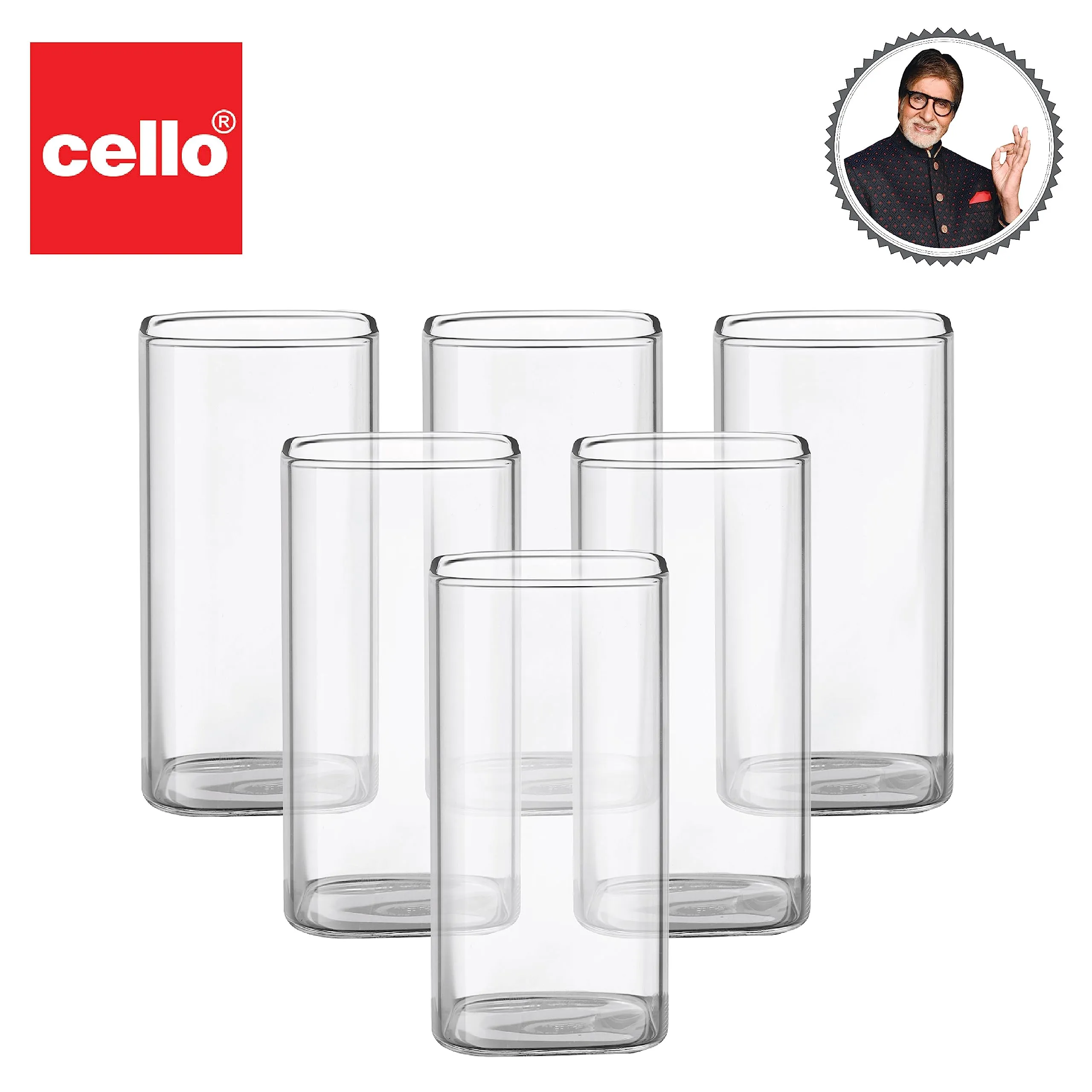 CELLO Roma Square Glass Tumblers | Borosilicate Glass | Water or Juice Glass | Set of 6 | 280ml | Clear