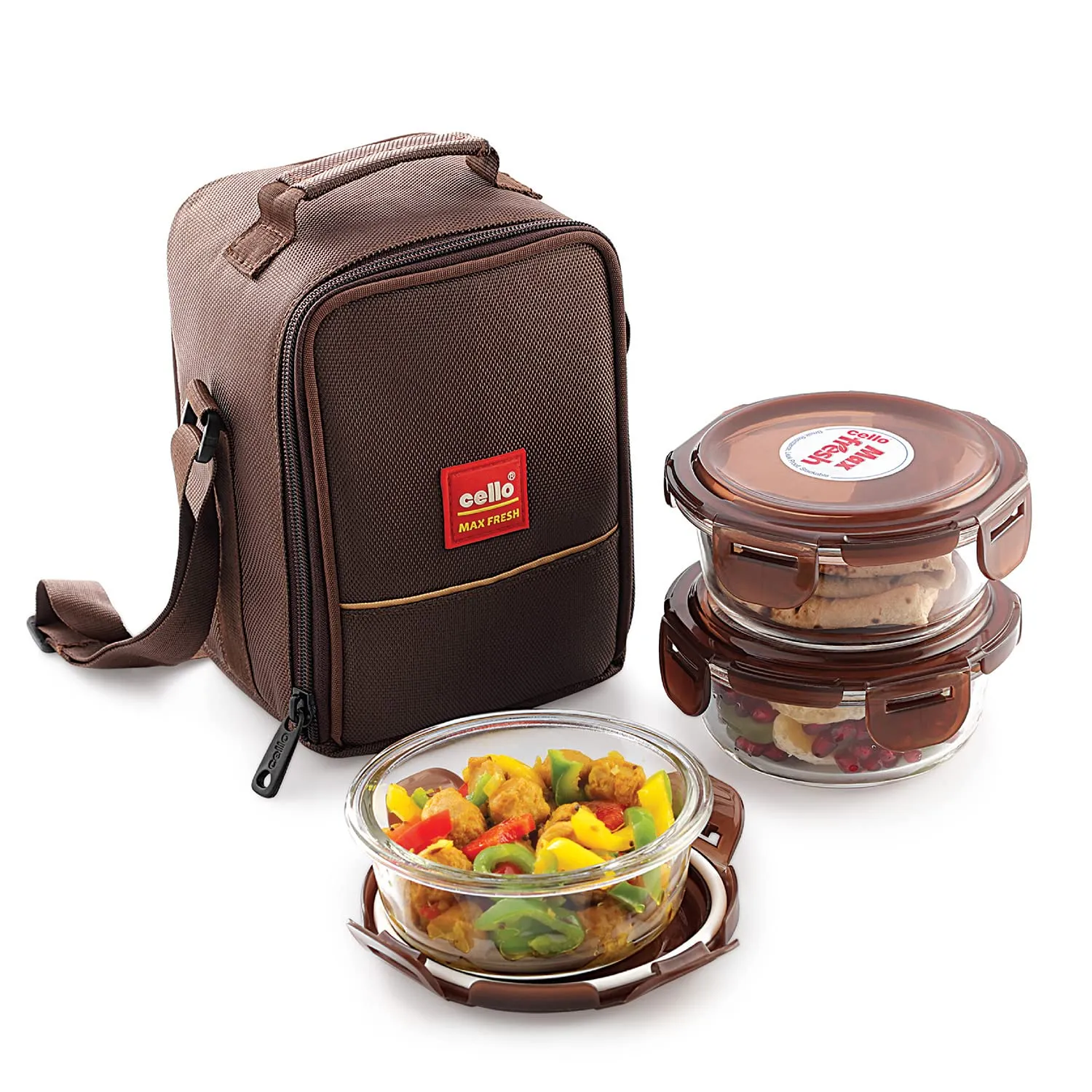 Cello Roti Plus Big Double Walled Casserole, Insulated, 2500ml, 1pc, Silver, Solid & Cello Maxfresh Glassy Seal O Fresh Round Borosilicate Microwavable Glass Lunch Box, Brown, 400 ml Each, Set of 3