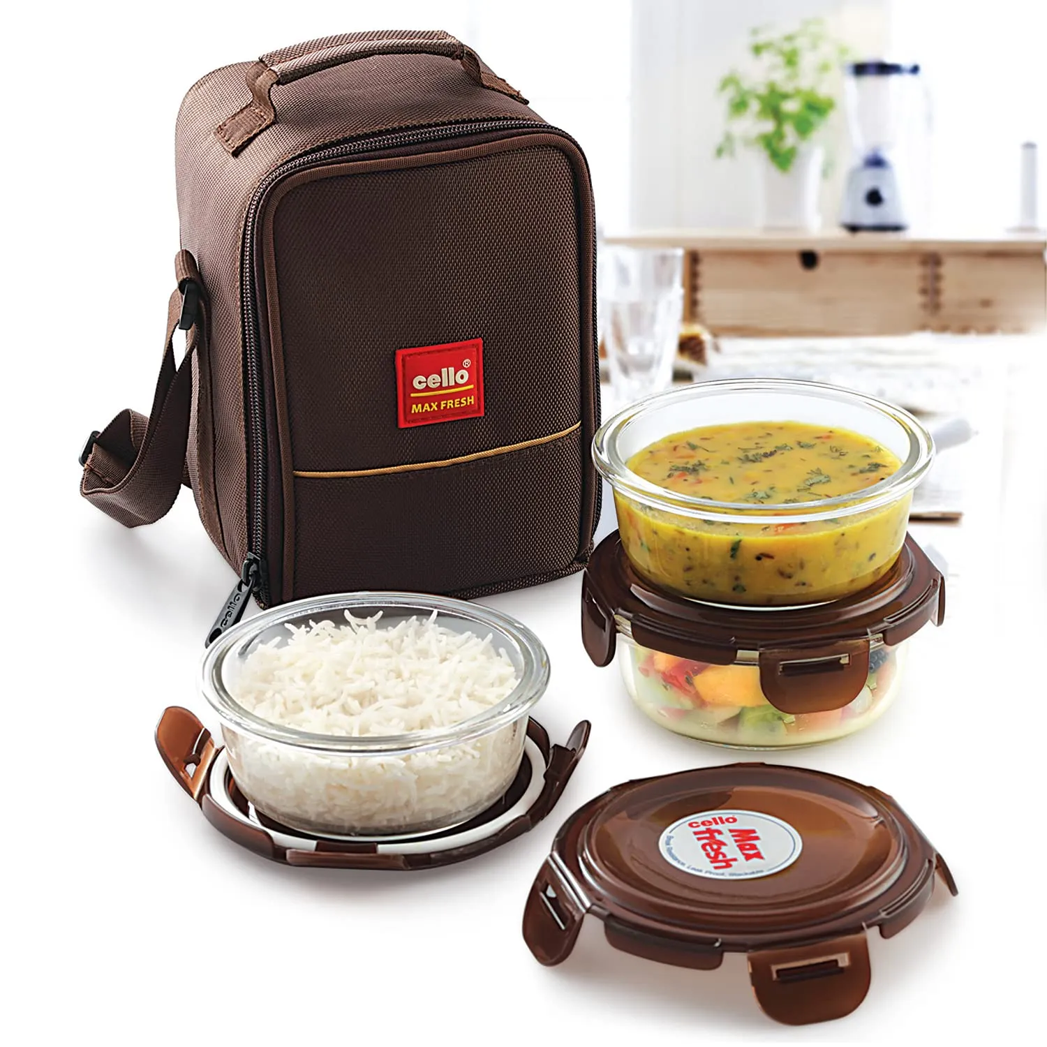 Cello Roti Plus Big Double Walled Casserole, Insulated, 2500ml, 1pc, Silver, Solid & Cello Maxfresh Glassy Seal O Fresh Round Borosilicate Microwavable Glass Lunch Box, Brown, 400 ml Each, Set of 3