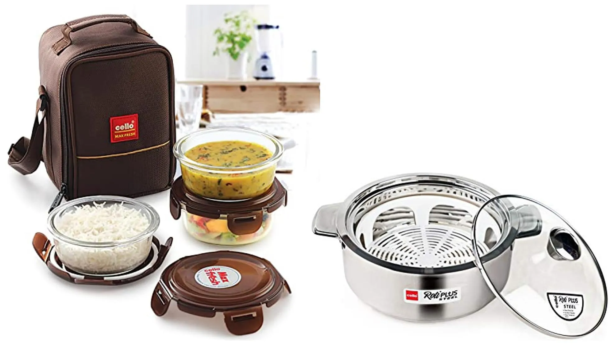 Cello Roti Plus Big Double Walled Casserole, Insulated, 2500ml, 1pc, Silver, Solid & Cello Maxfresh Glassy Seal O Fresh Round Borosilicate Microwavable Glass Lunch Box, Brown, 400 ml Each, Set of 3