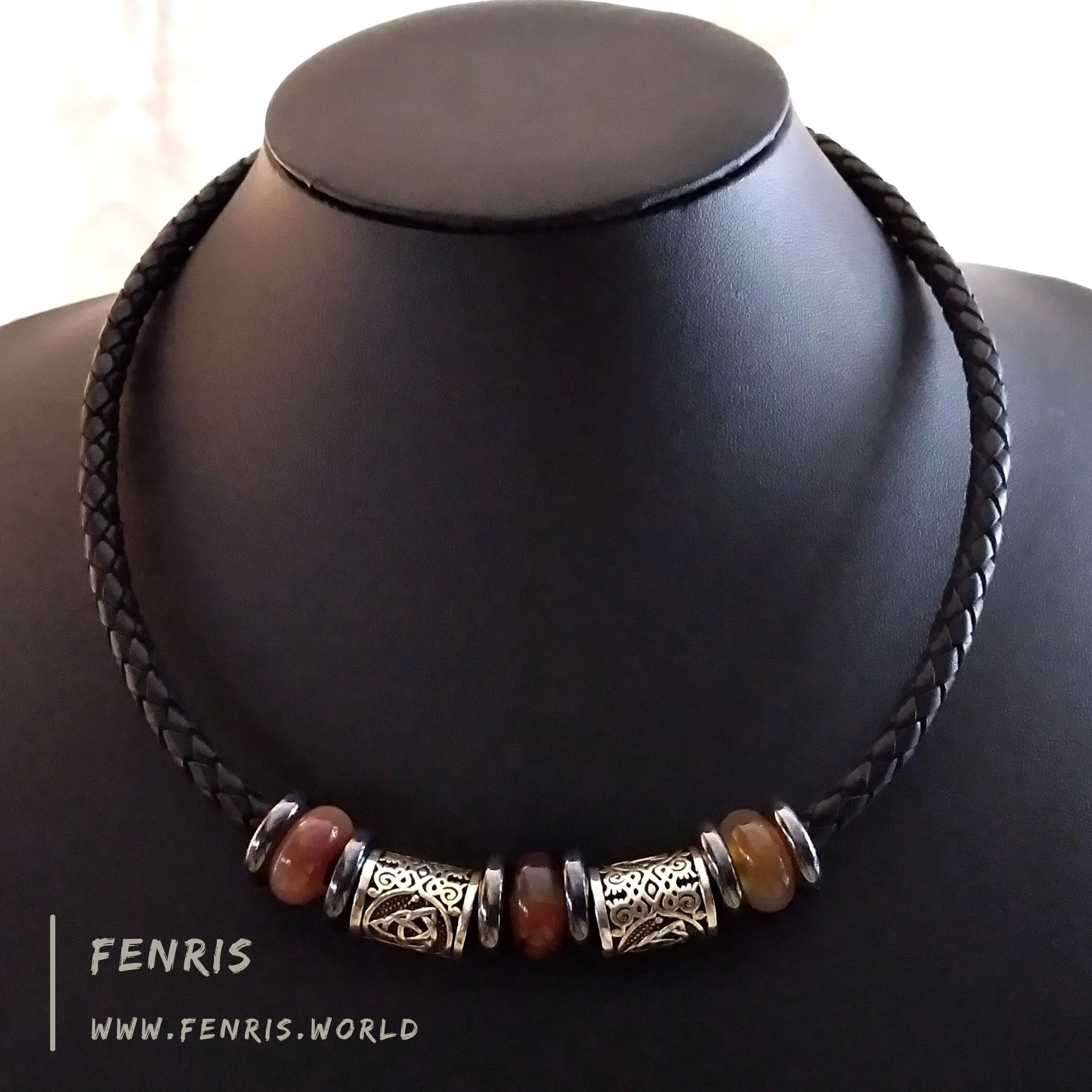 Celtic Choker Necklace Silver Amber Aventurine Black Leather