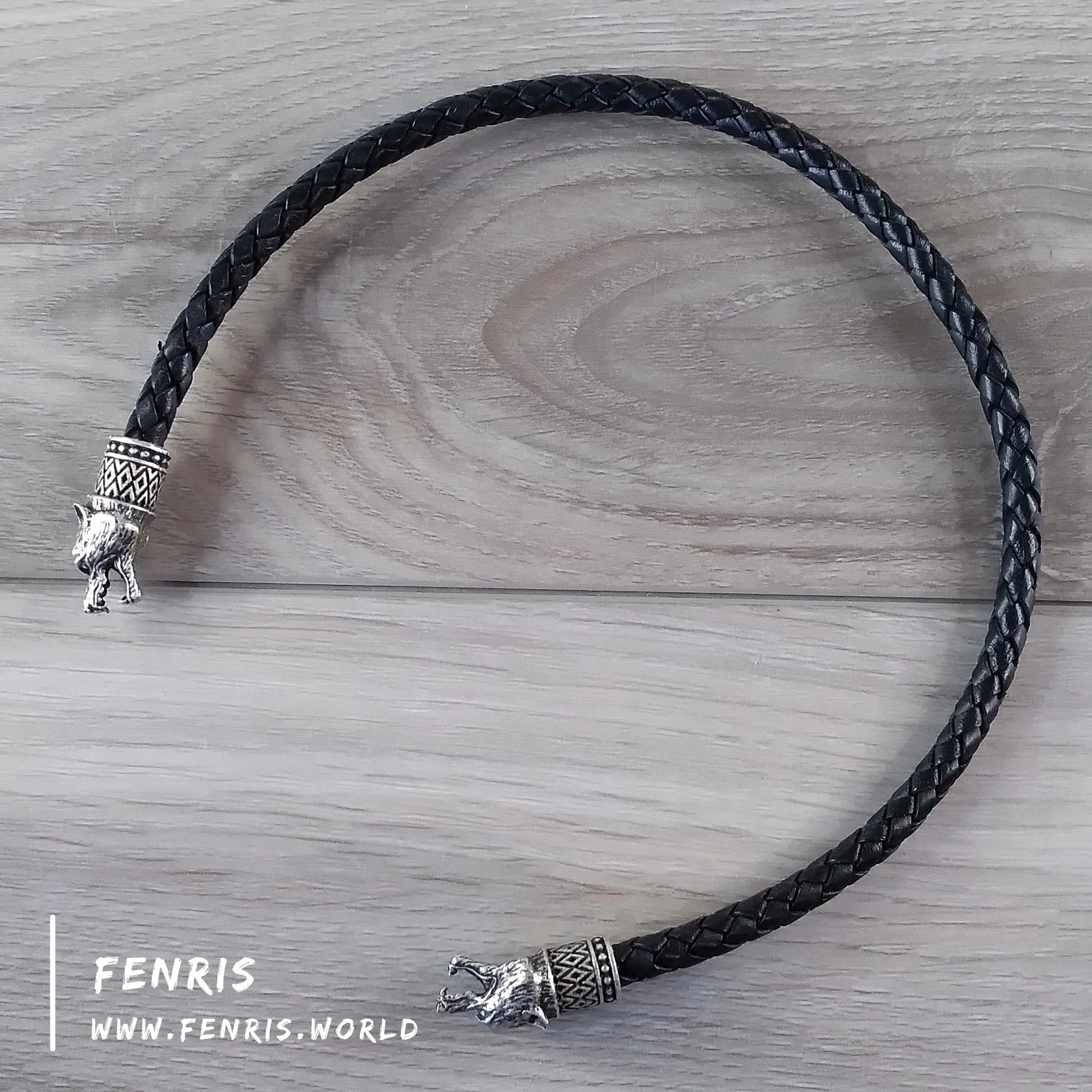 Celtic Torc Silver Wolf Black Leather | Fenris