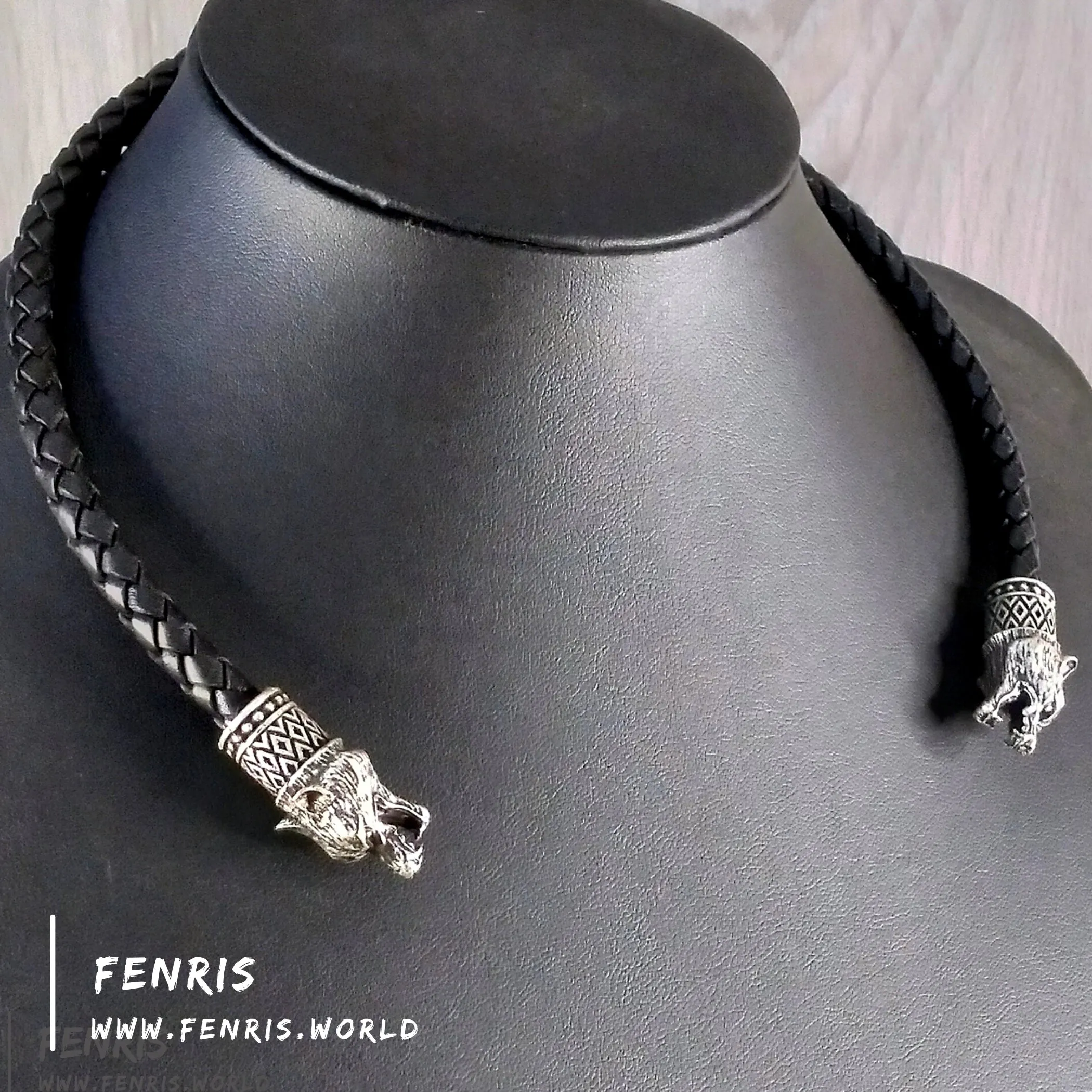 Celtic Torc Silver Wolf Black Leather | Fenris