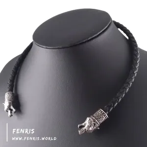 Celtic Torc Silver Wolf Black Leather | Fenris