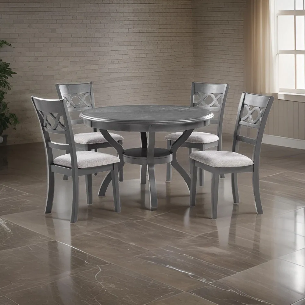 Ceri 5 Piece Round Dining Table and Chair Set, Gray Wood, White Fabric By Casagear Home