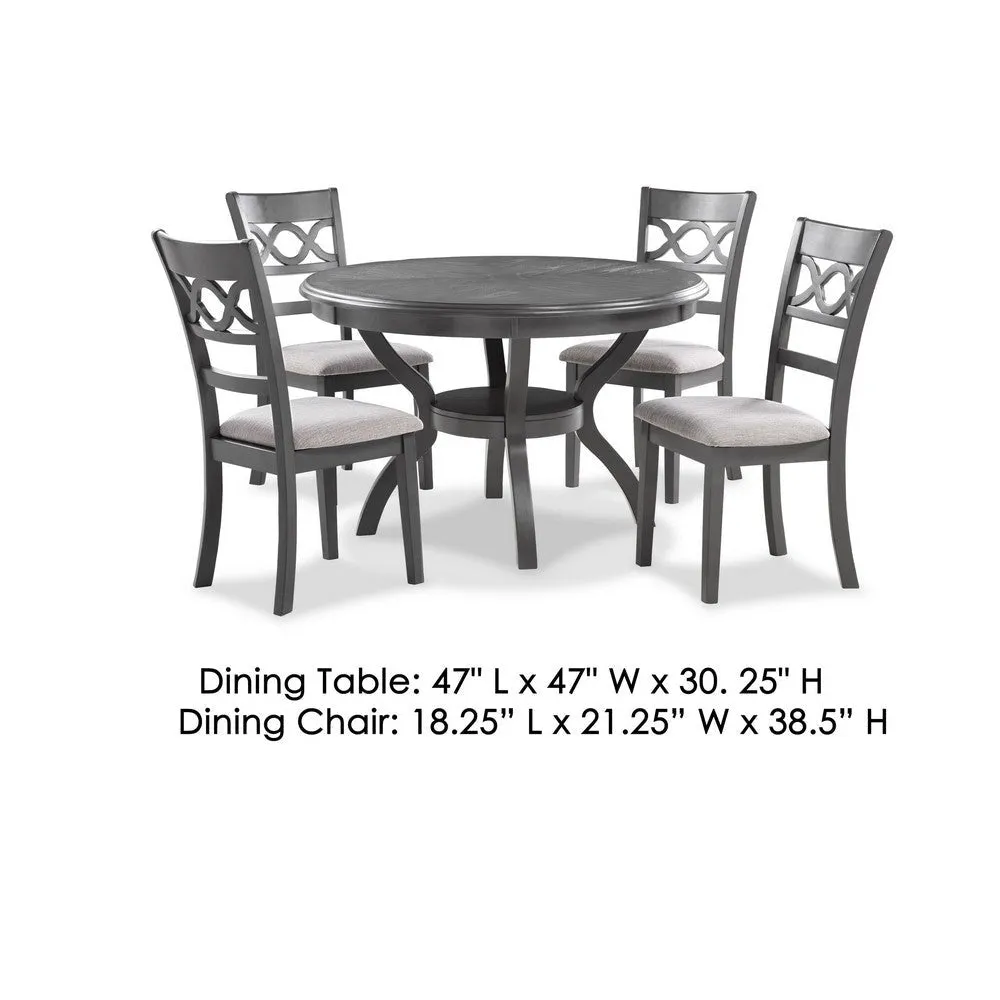 Ceri 5 Piece Round Dining Table and Chair Set, Gray Wood, White Fabric By Casagear Home