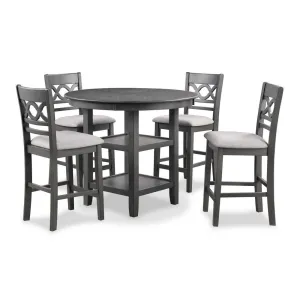 Ceri 5pc Round Counter Dining Table and Chair Set, Gray Wood, White Fabric By Casagear Home