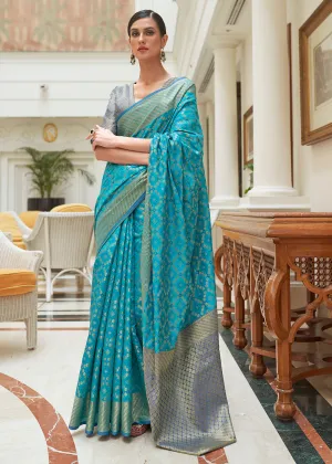 Cerulean Blue Handloom Patola Weave Silk Saree