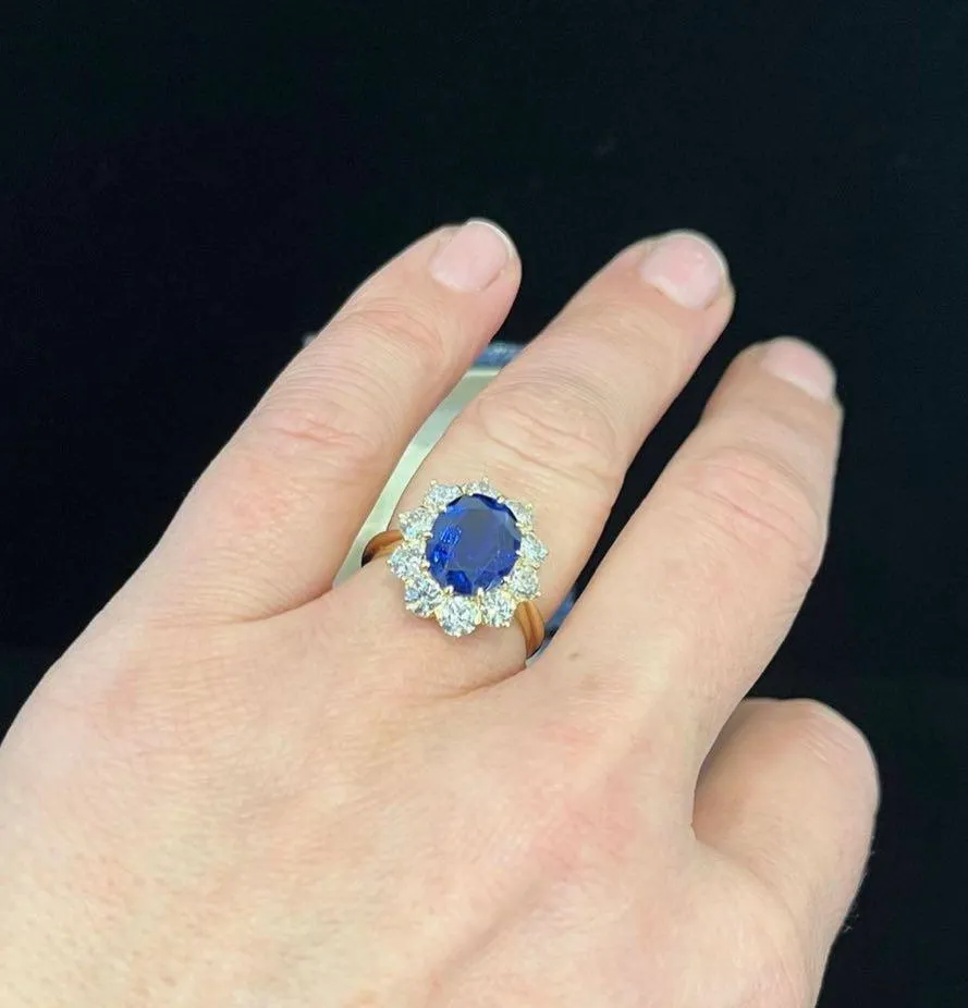 Ceylon Sapphire and Diamond Oval Cluster Ring