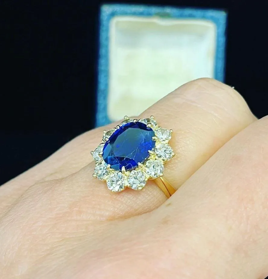 Ceylon Sapphire and Diamond Oval Cluster Ring