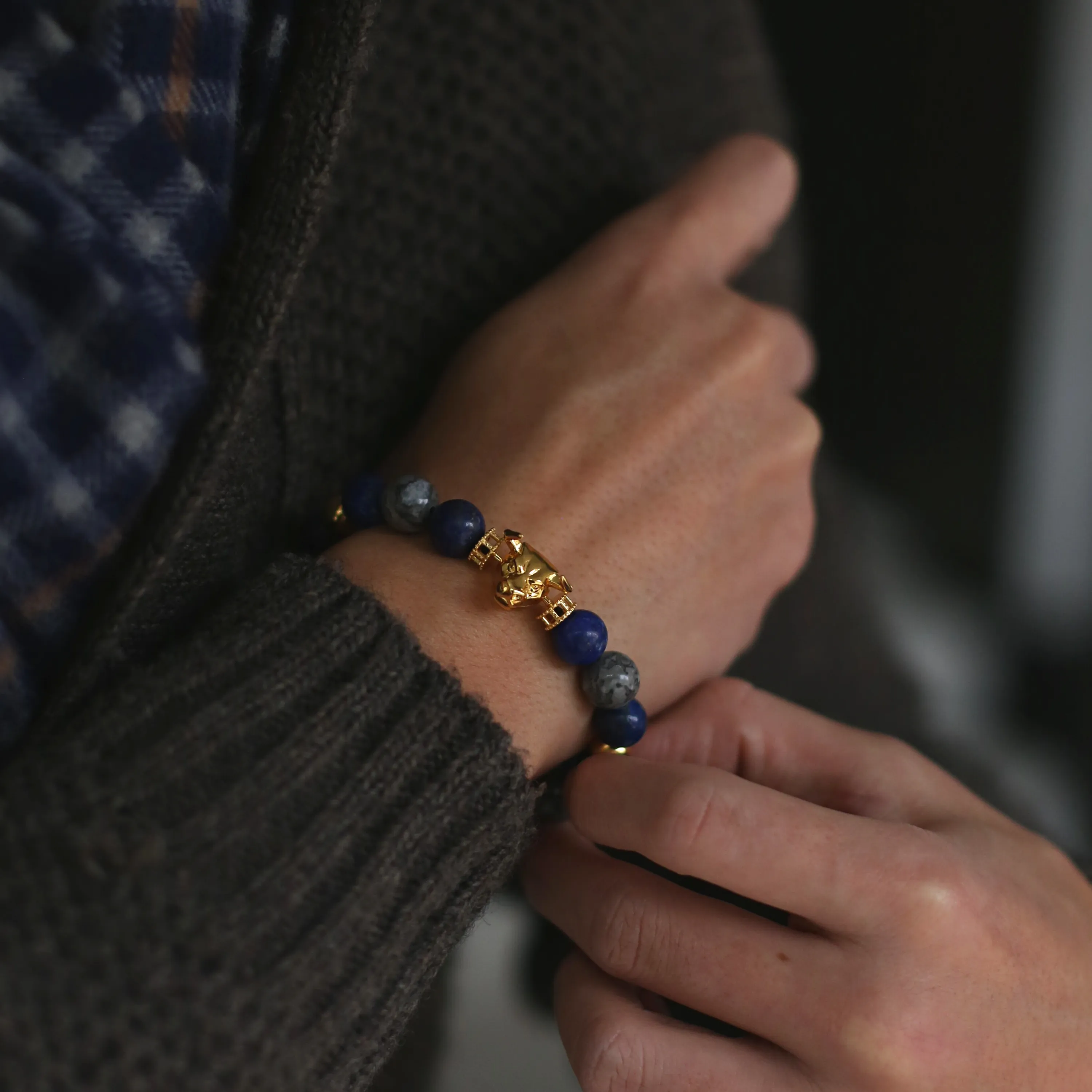 (Chain Only, without charm) Gemstones Gold Beads Bracelet - Lapis Jasper, Howlite Jade, Garnet Obsidian crystals