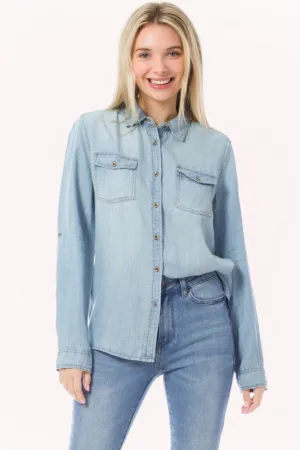 Chambray Button Down Top Denim Blouse Shirt