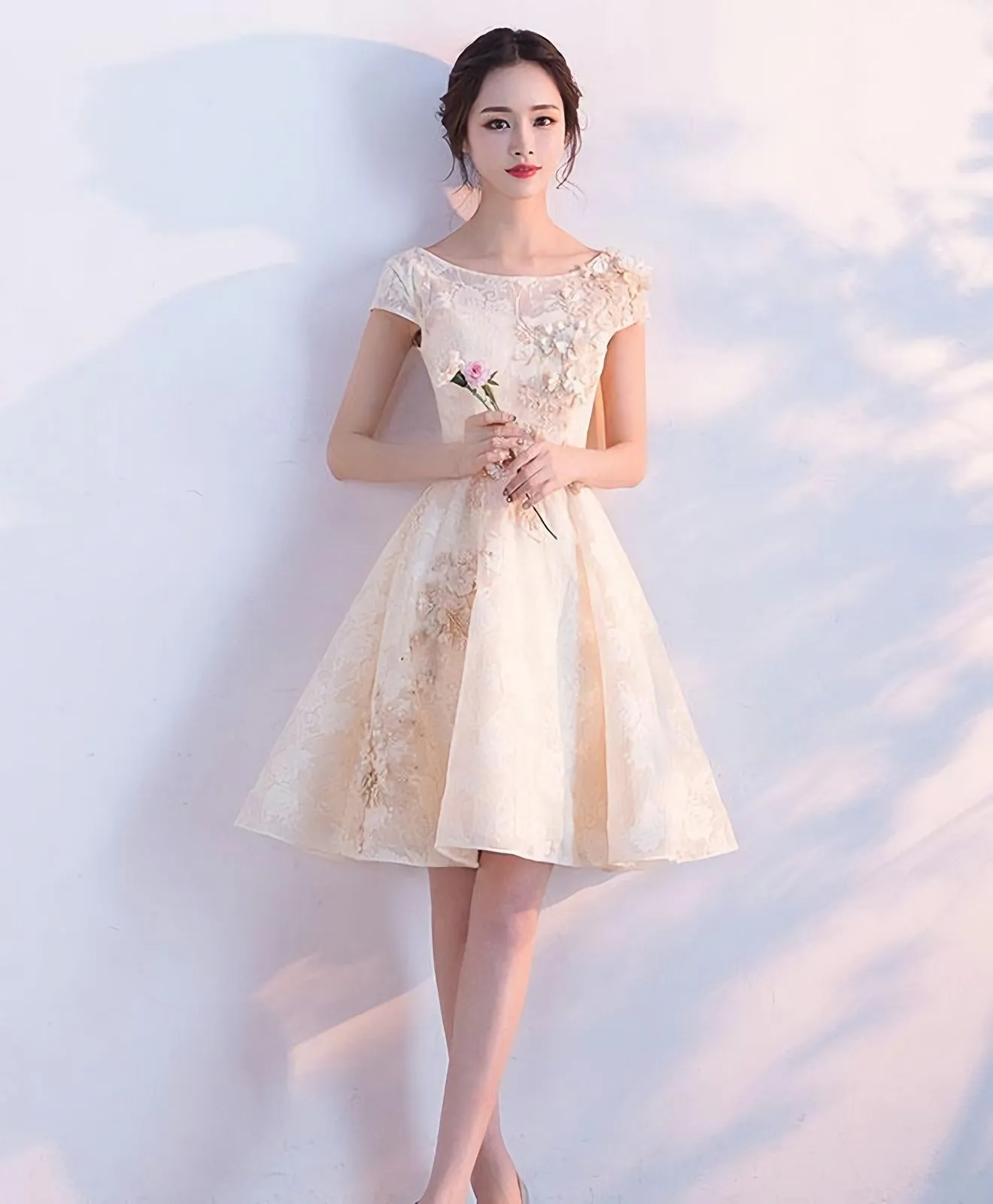 Champagne A Line Tulle Lace Short Prom Dress Champagne Evening Dress