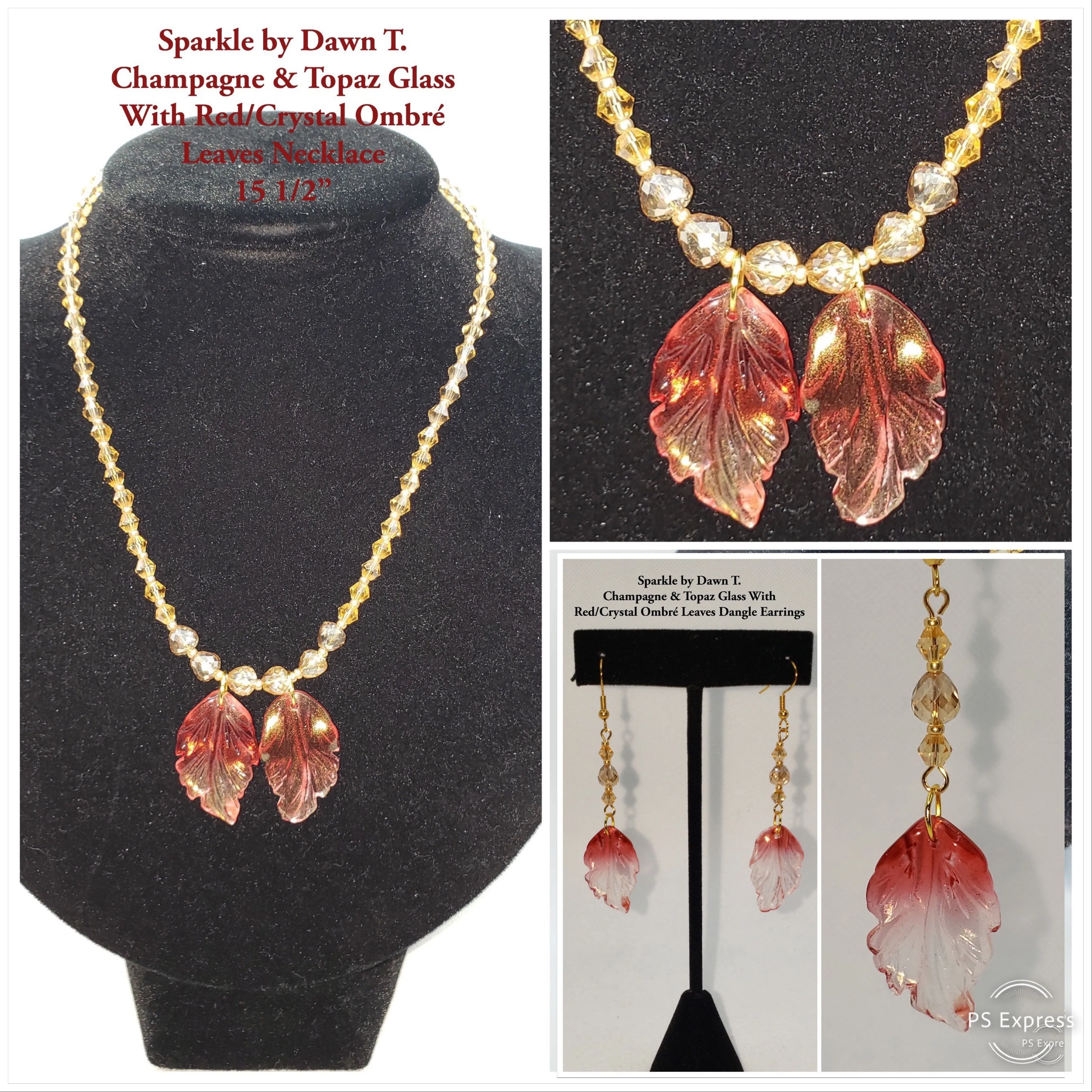 Champagne and Topaz Glass with Red Crystal Ombre' Leaves Necklace and matching earrings