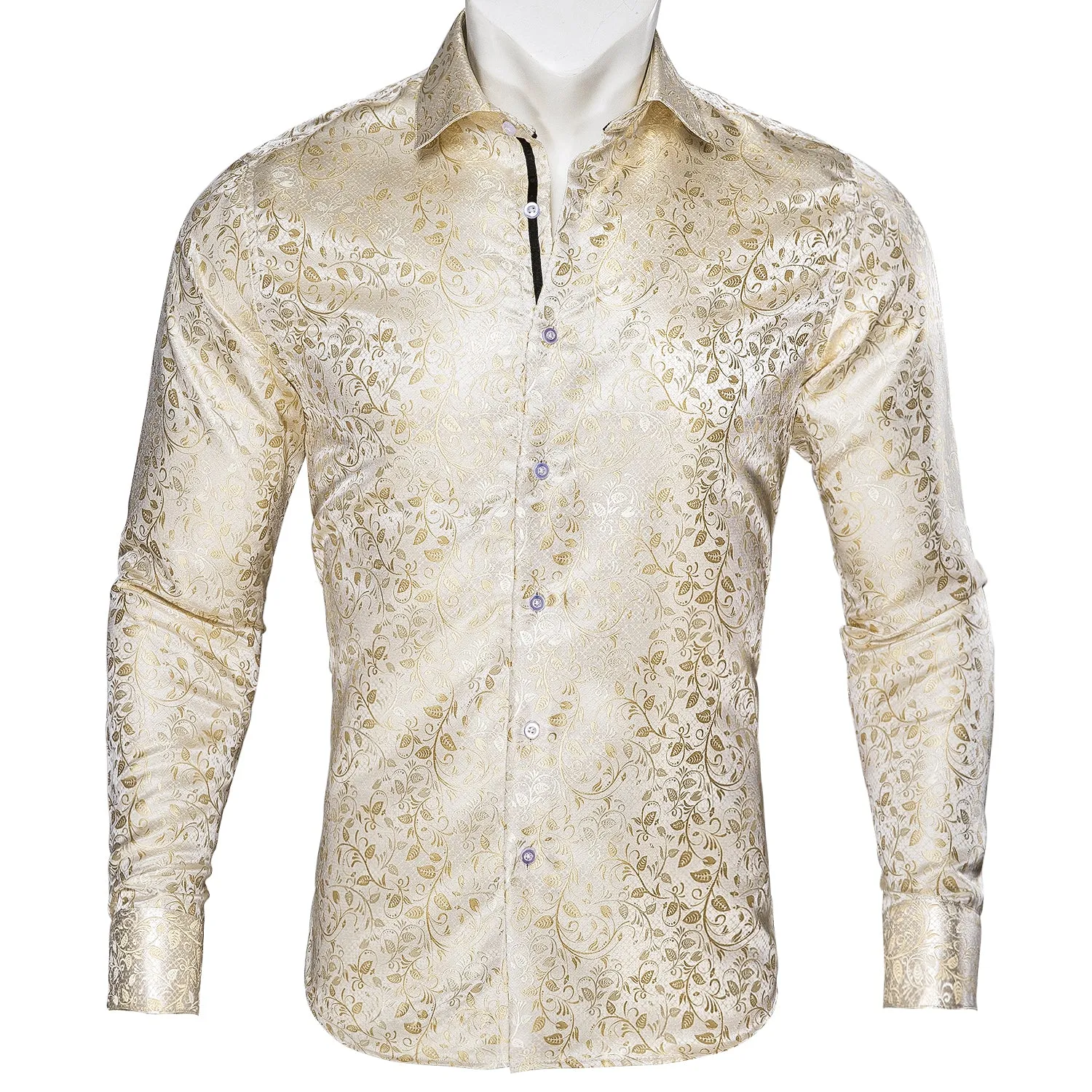 Champagne Floral Silk Men's Long Sleeve Shirt