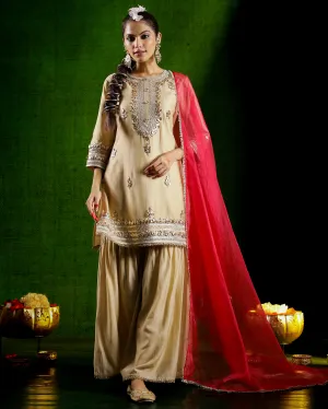 Champagne Gold Embroidered Spanish Silk Sharara Set