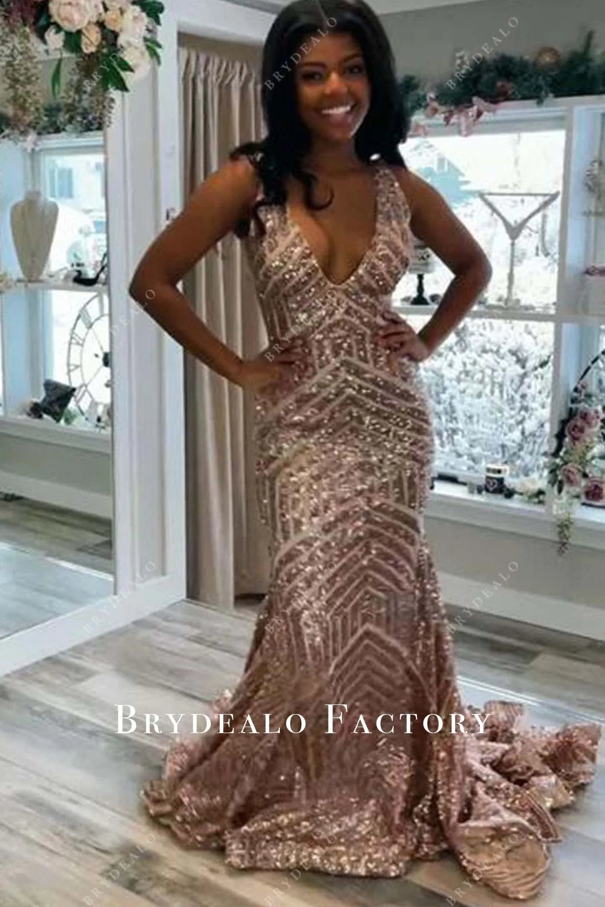 Champagne Gold Sequined Plunging Neck Mermaid Prom Dress