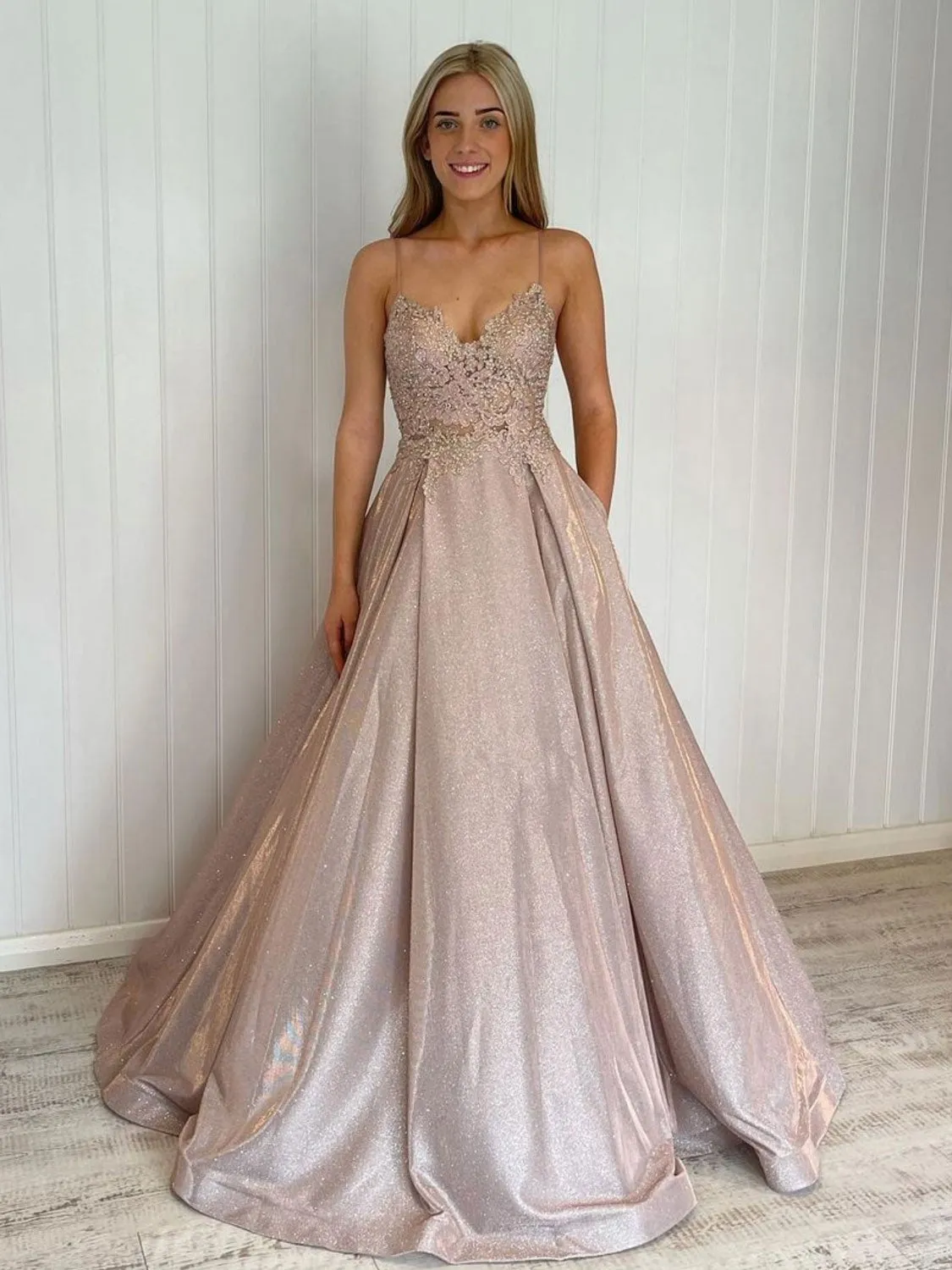 Champagne lace A line satin long prom dress, evening dress