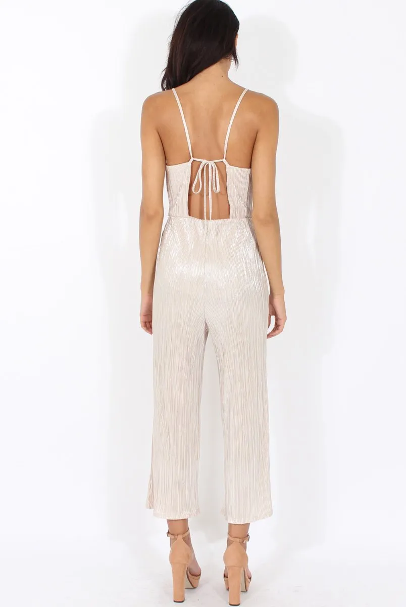 Champagne Metallic Pleated Cropped Jumpsuit - Arabella