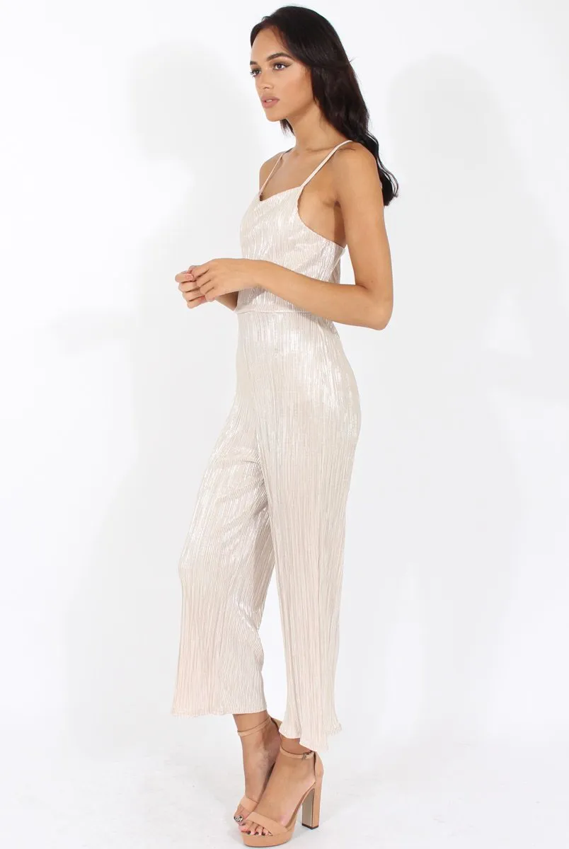 Champagne Metallic Pleated Cropped Jumpsuit - Arabella