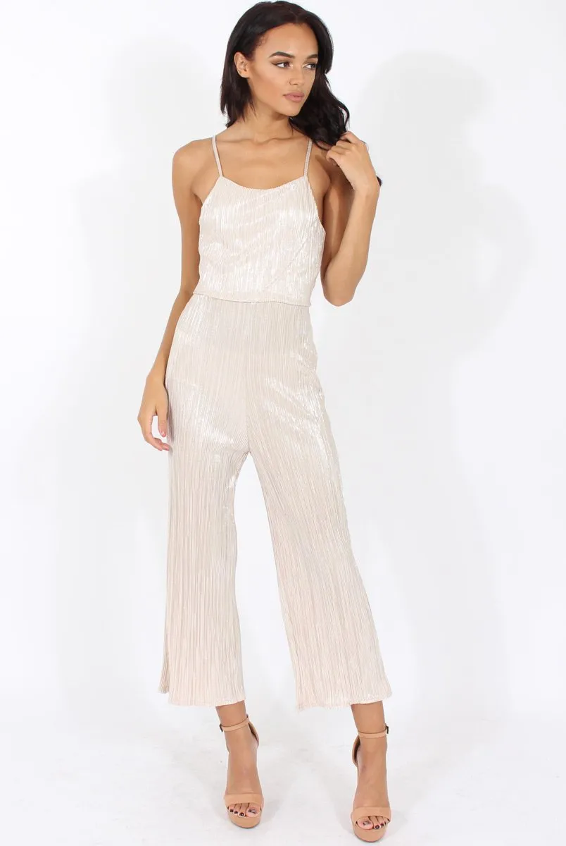 Champagne Metallic Pleated Cropped Jumpsuit - Arabella