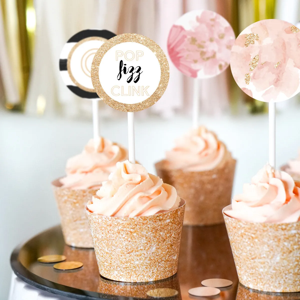 Champagne Party Black & White Cupcake Wrappers and Toppers | Champagne Tasting Party Pop Fizz Clink