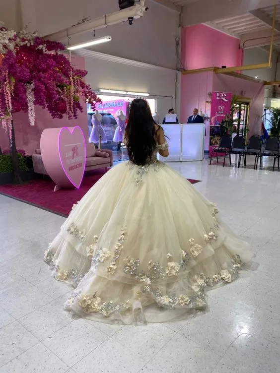 Champagne Quince Dress with Flowers Sweet 16 Dresses Off the Shoulder Ball Gown