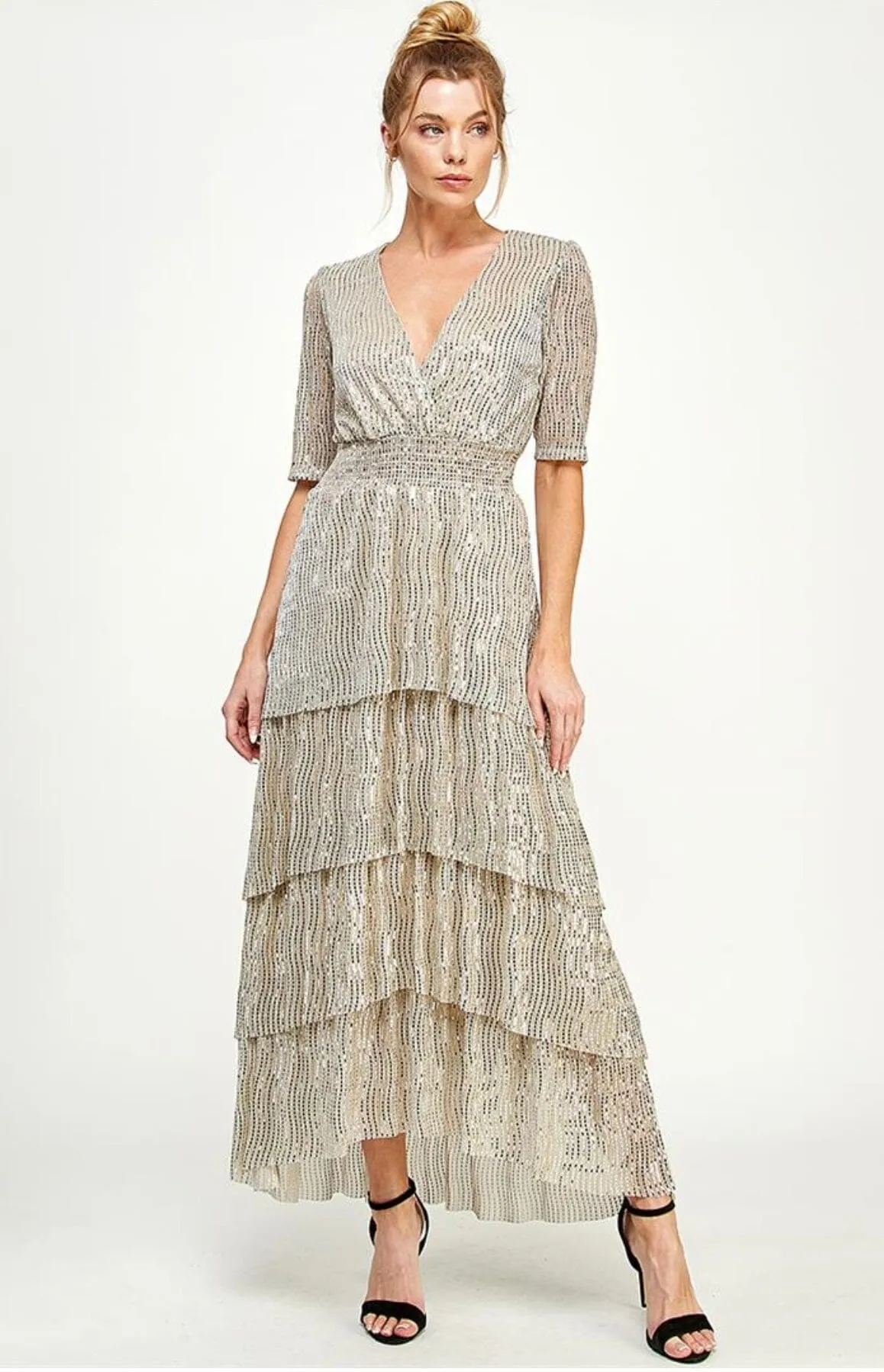 CHAMPAGNE RUFFLE TIERED CROSS NECK LONG DRESS