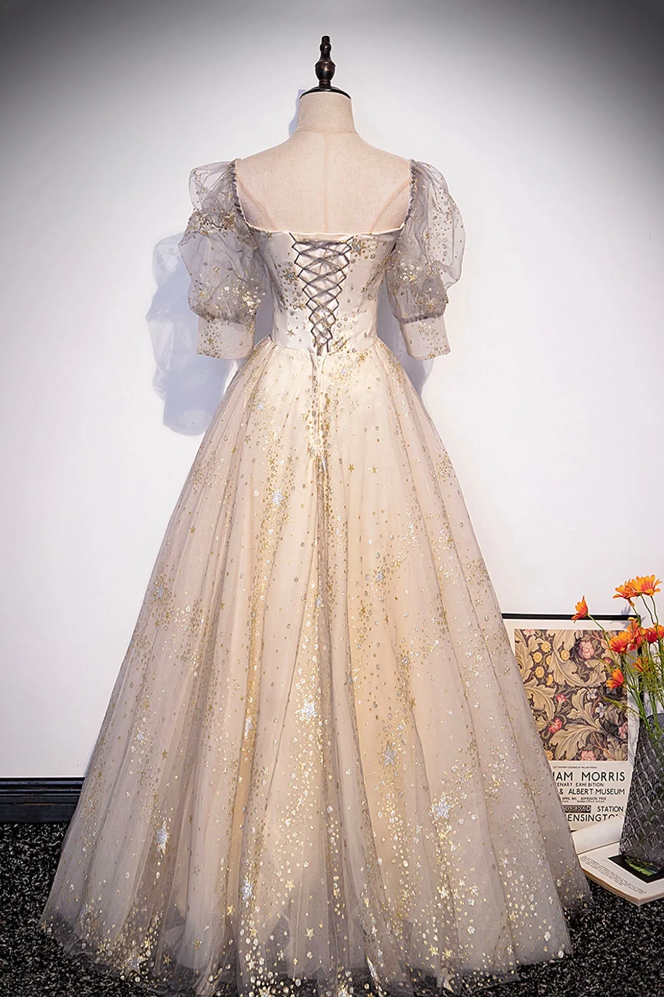 Champagne Tulle Sequins Long Prom Dress, Cute 1/2 Sleeve Party Dress