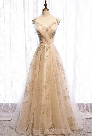 Champagne Tulle Sequins Long Prom Dress Evening Gown