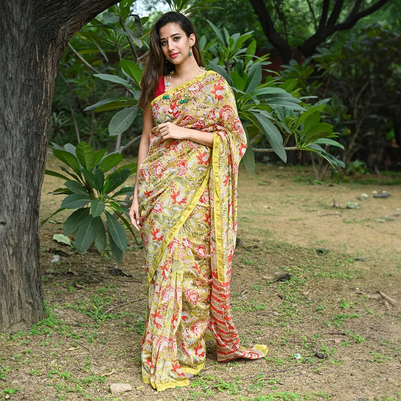 Chanderi Silk Saree with Blouse | Handblock Print | Multicolour