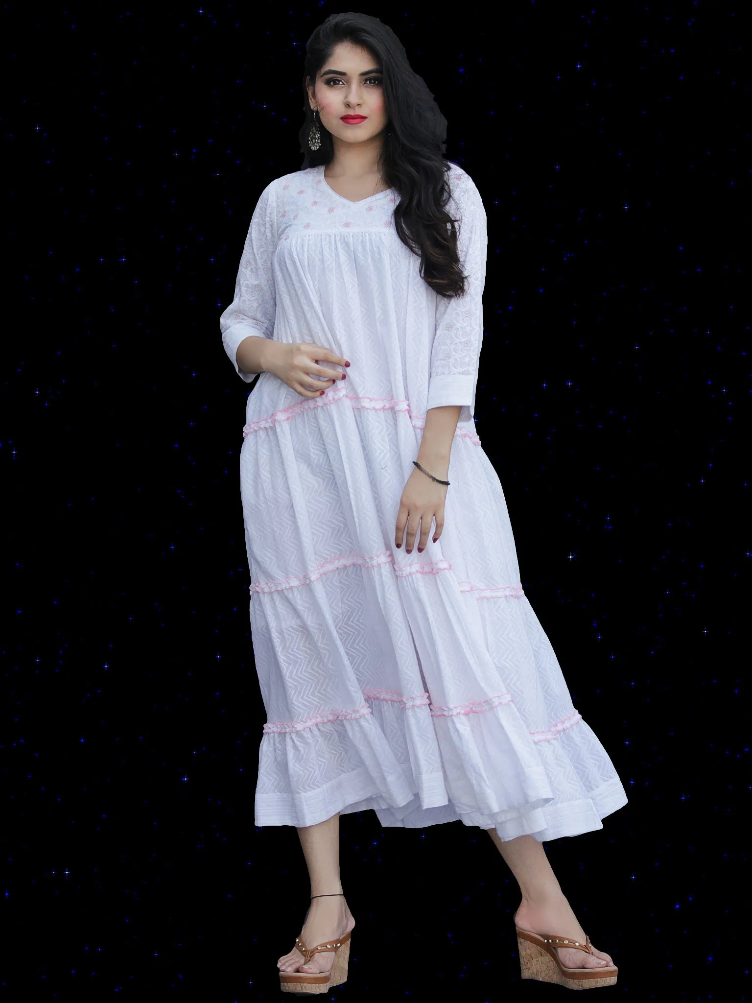 Chandni Sumnah - Cotton Dobby Tiered Long Dress With Embroidery  - D445FP01