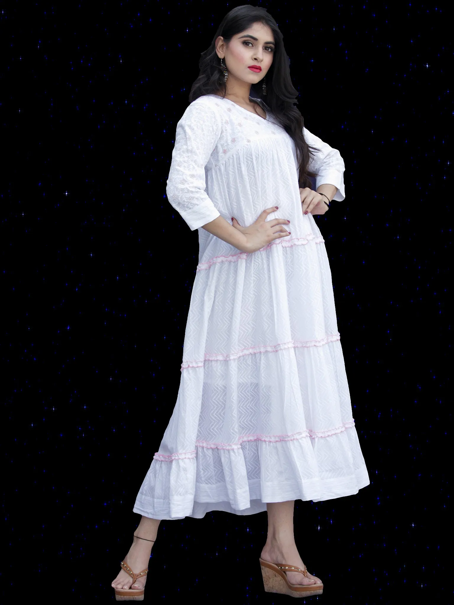 Chandni Sumnah - Cotton Dobby Tiered Long Dress With Embroidery  - D445FP01