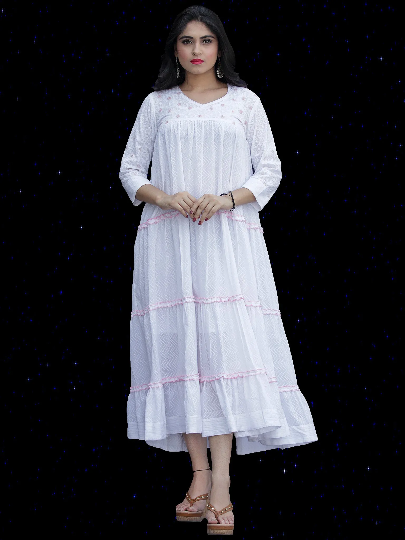 Chandni Sumnah - Cotton Dobby Tiered Long Dress With Embroidery  - D445FP01