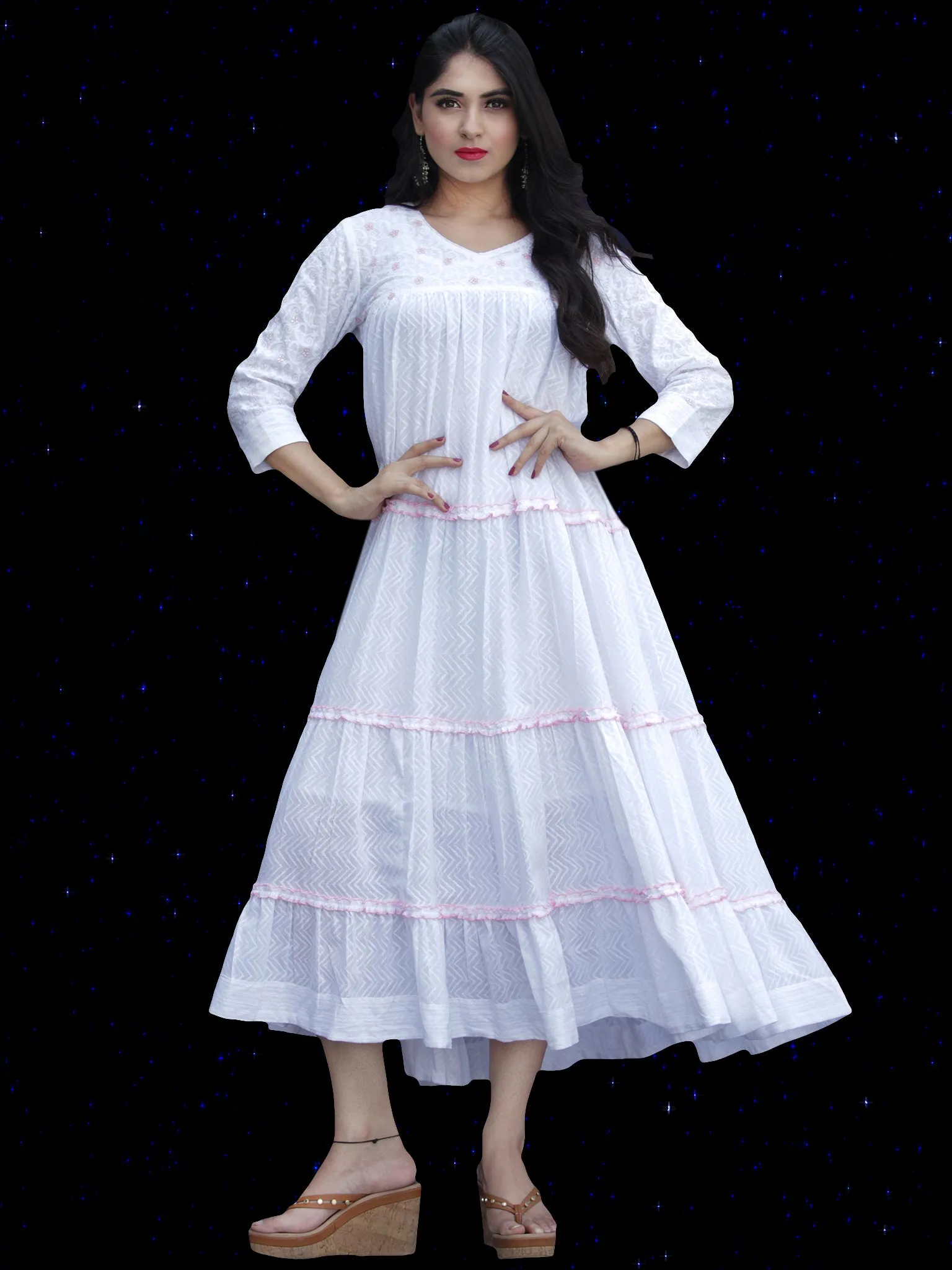 Chandni Sumnah - Cotton Dobby Tiered Long Dress With Embroidery  - D445FP01