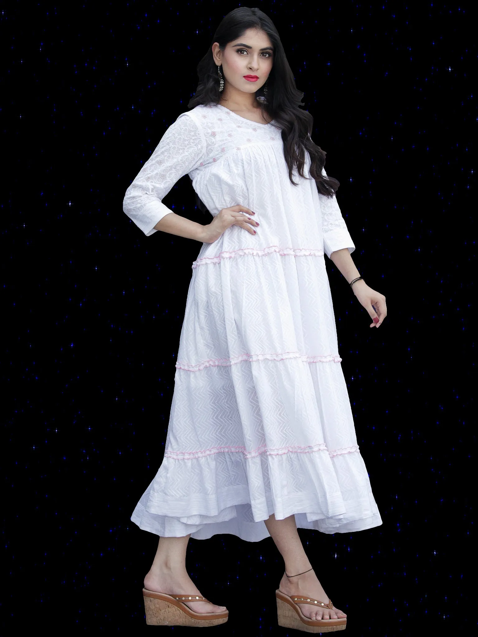 Chandni Sumnah - Cotton Dobby Tiered Long Dress With Embroidery  - D445FP01