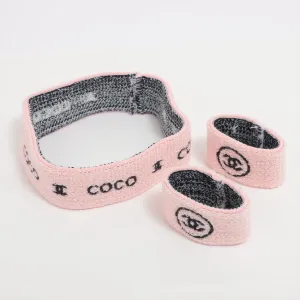 Chanel Coco CC Logo Knit Headband & Wristband Set Pink x Black