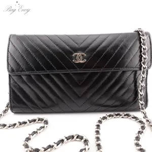 CHANEL Lambskin Chevron Quilted Trifold Wallet with Chain