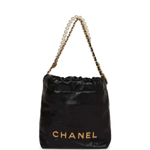 Chanel Mini 22 Bag Black Calfskin and Pearl Antique Gold Hardware