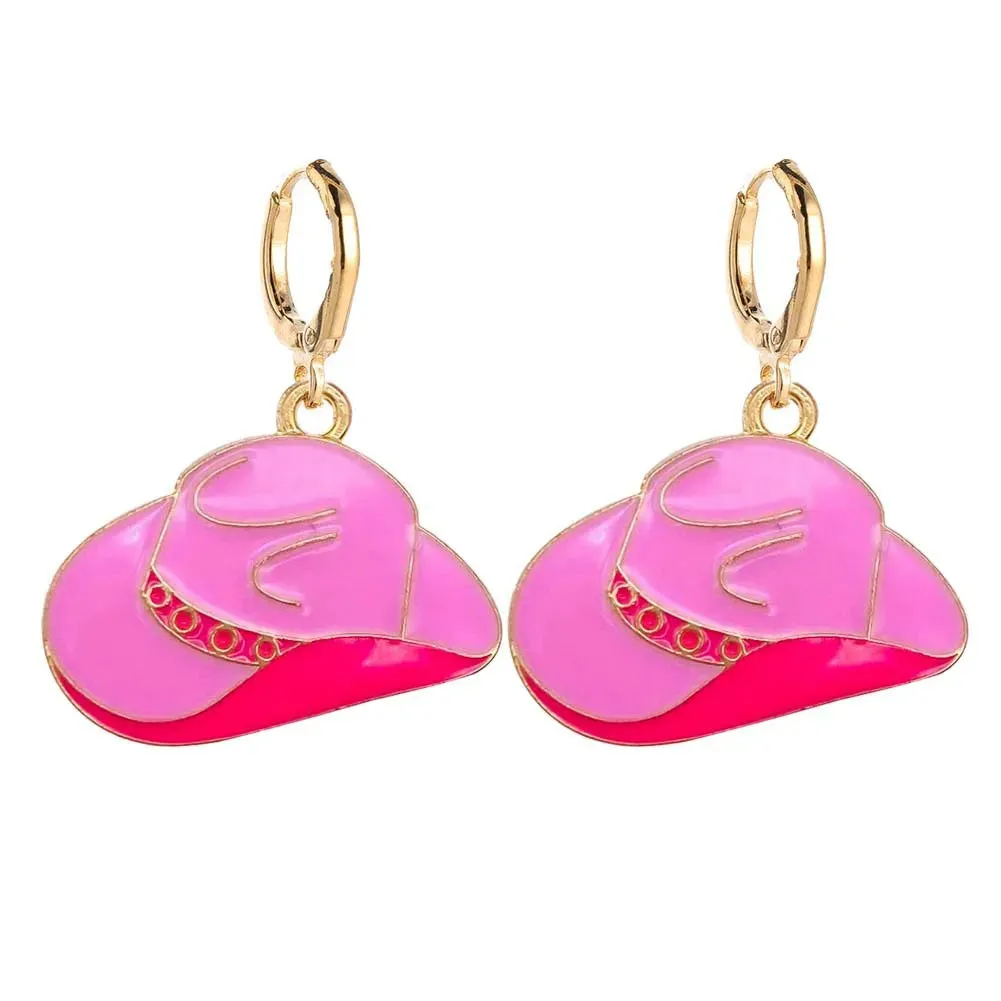 Chappell Roan Inspired Pink Cowgirl Hat Earrings - Gold