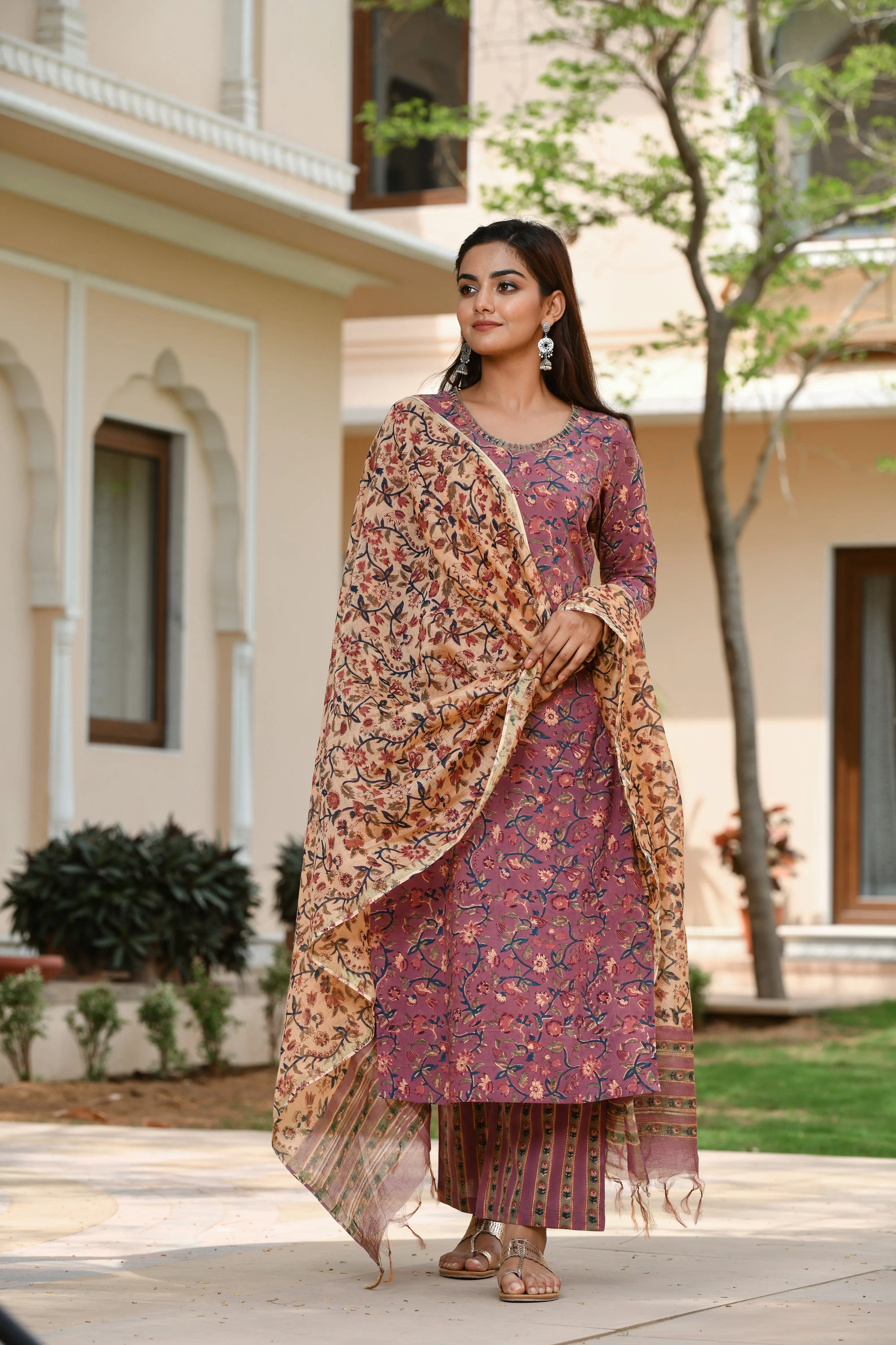 Charaya Handblock Chanderi Silk Dupatta Suit Set