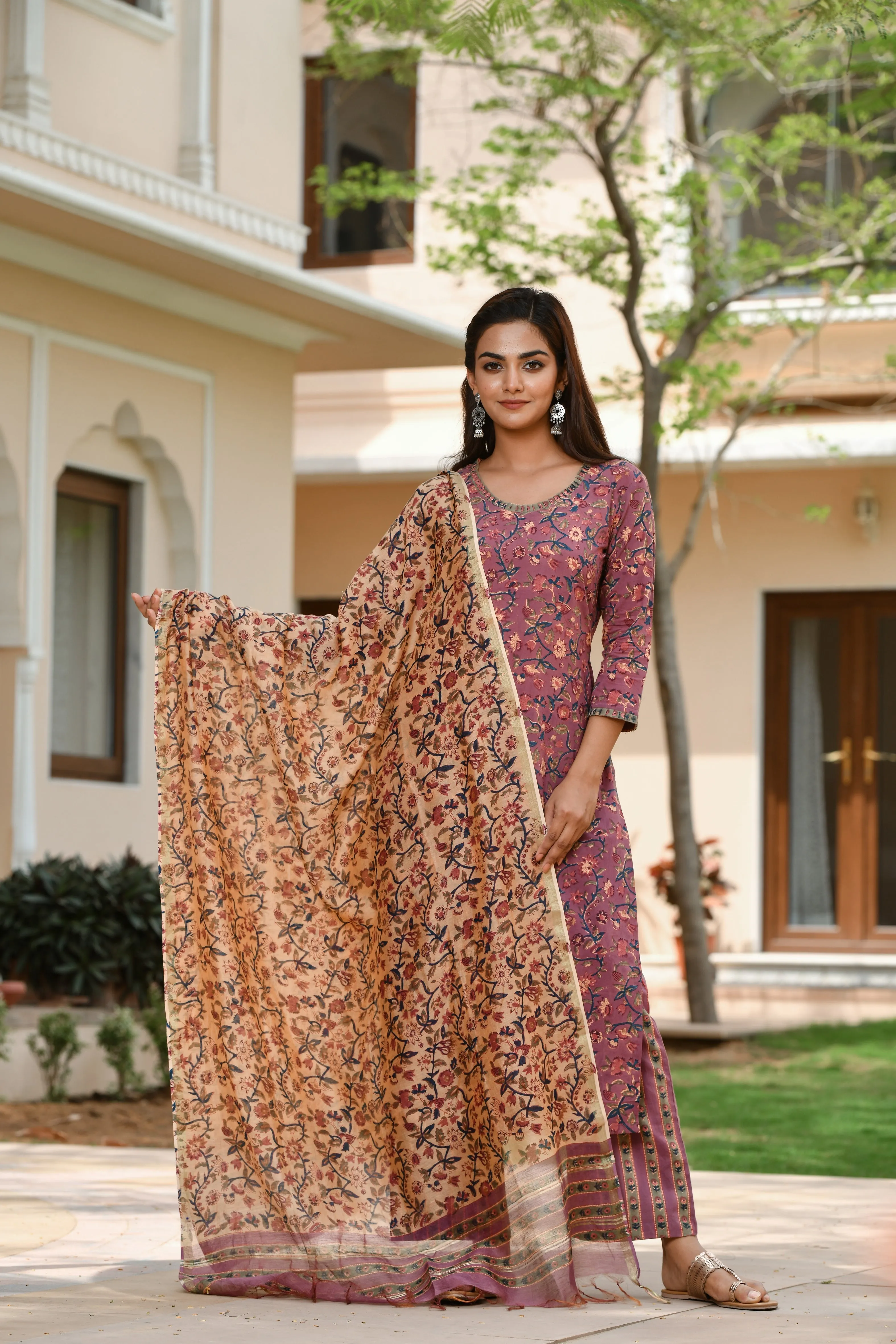 Charaya Handblock Chanderi Silk Dupatta Suit Set