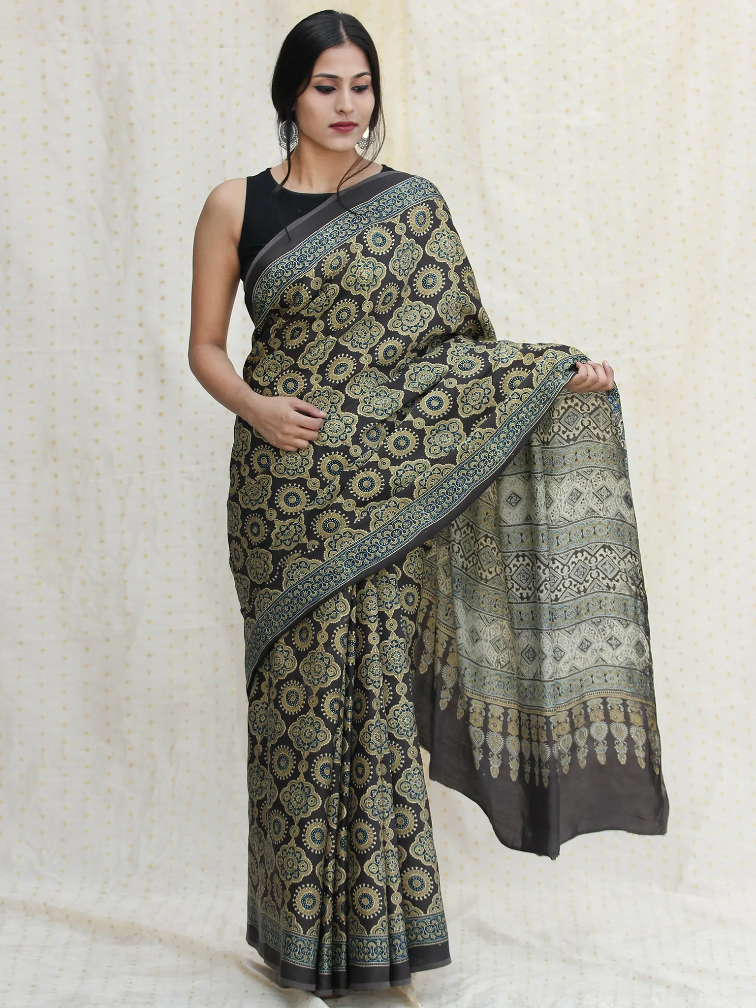 Charcoal Black Olive Green Ivory Ajrakh Hand Block Printed Modal Silk Saree - S031704115