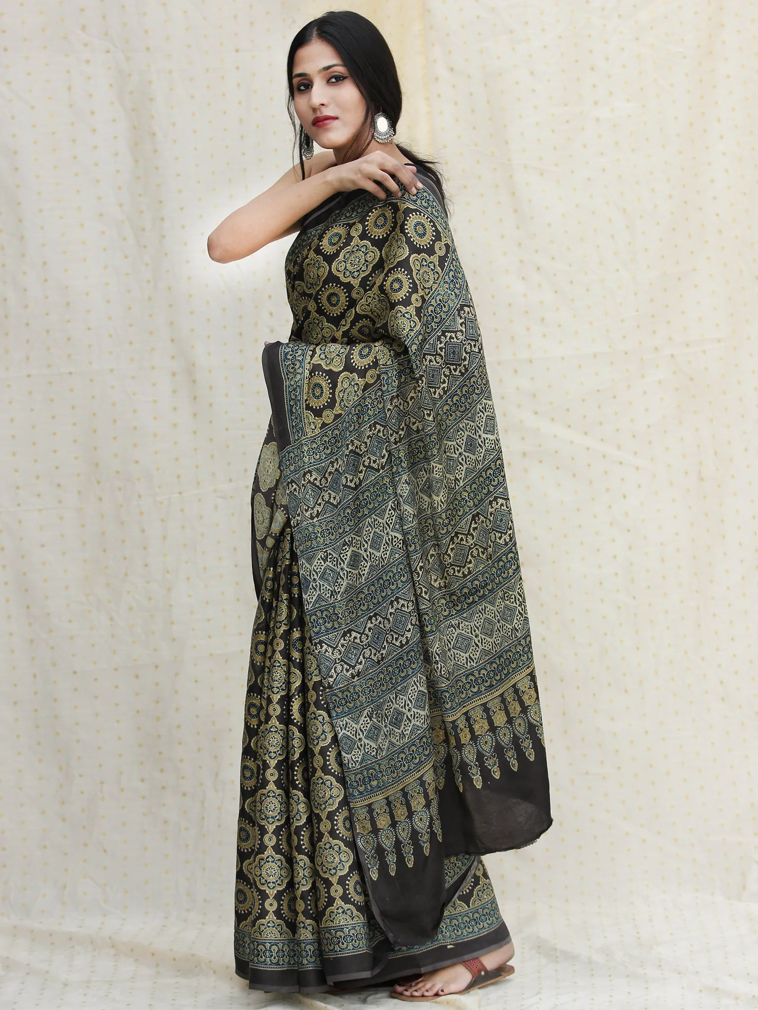 Charcoal Black Olive Green Ivory Ajrakh Hand Block Printed Modal Silk Saree - S031704115