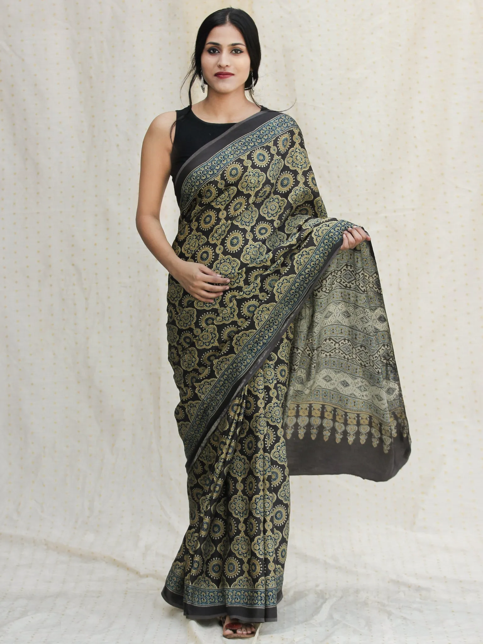 Charcoal Black Olive Green Ivory Ajrakh Hand Block Printed Modal Silk Saree - S031704115