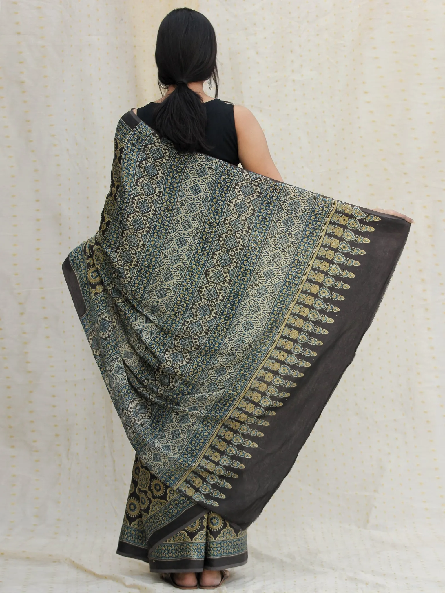 Charcoal Black Olive Green Ivory Ajrakh Hand Block Printed Modal Silk Saree - S031704115