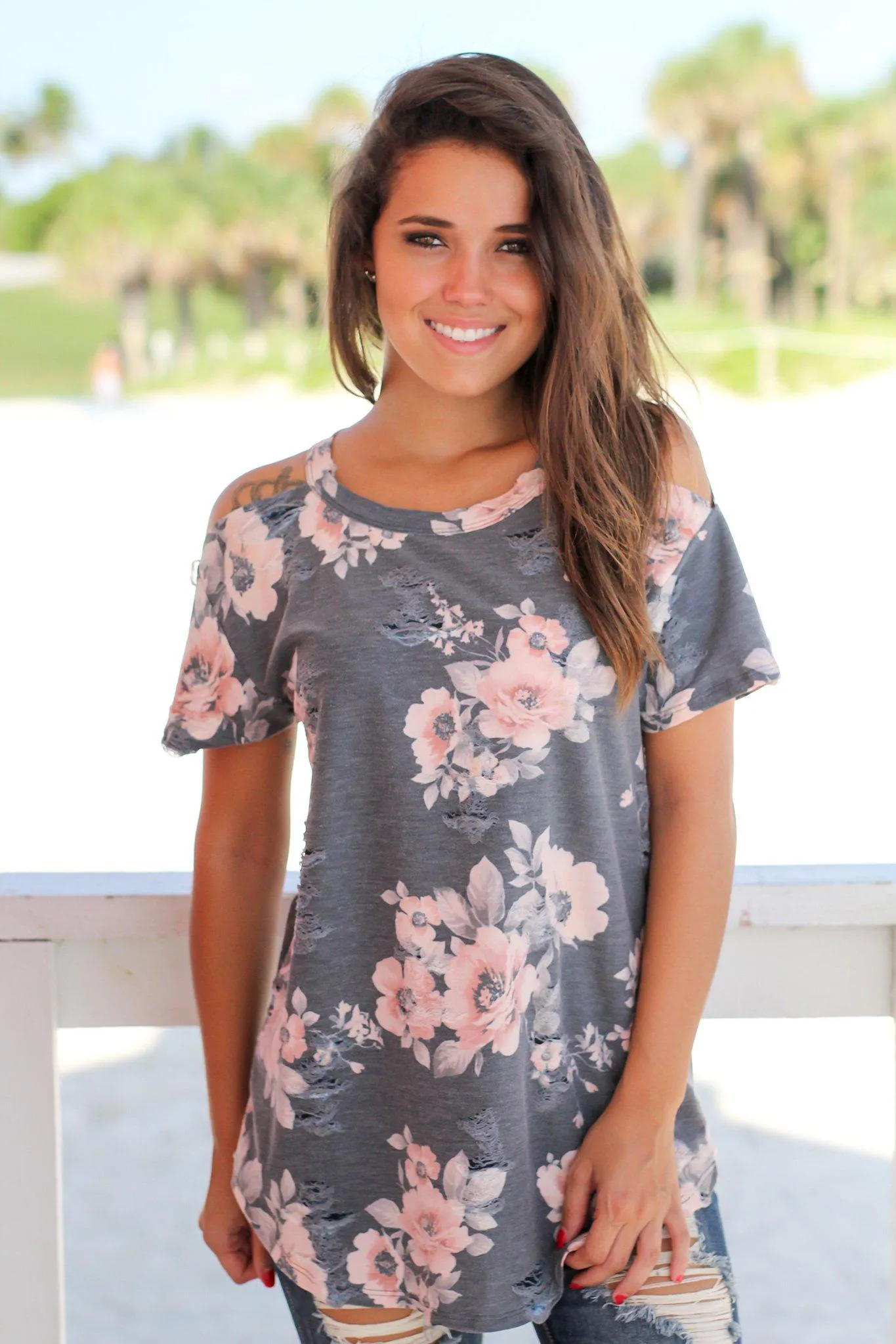 Charcoal Cold Shoulder Floral Top